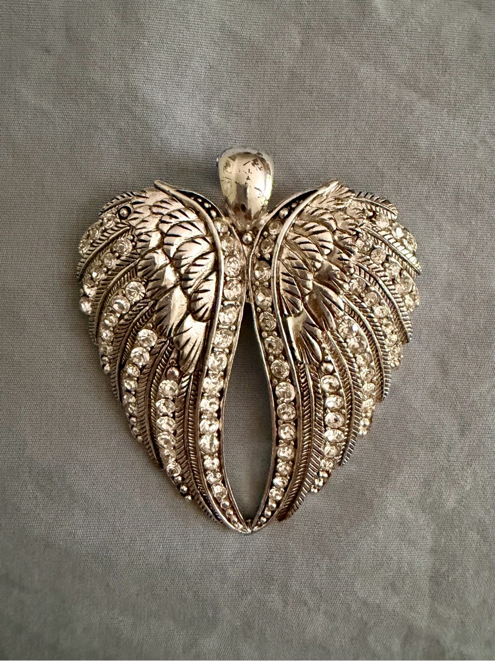 Vintage Art Deco Inspired Rhinestone Angel Wing Pendant in Silver Tone